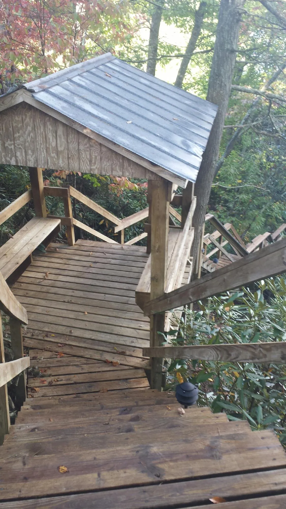 Metal roofed shelter over wooden steps on a wooded walkway — Skylight Repair & Installation work by our crew in Stephens City